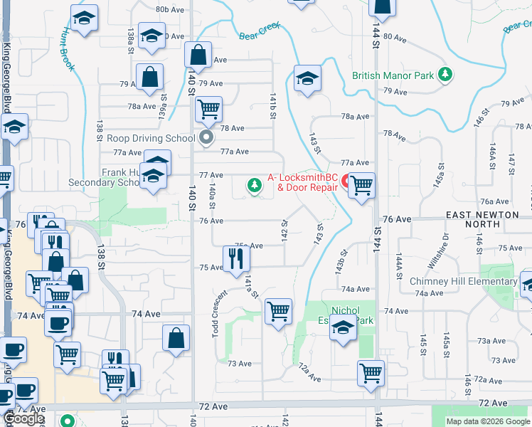 map of restaurants, bars, coffee shops, grocery stores, and more near 14149 76 Avenue in Surrey