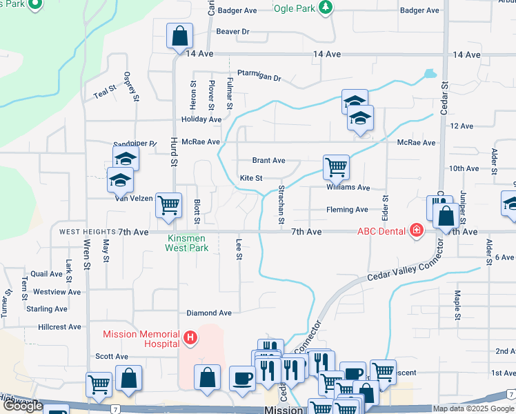 map of restaurants, bars, coffee shops, grocery stores, and more near 32339 7th Avenue in Mission
