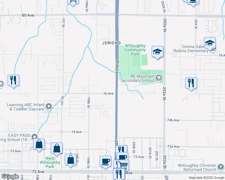 map of restaurants, bars, coffee shops, grocery stores, and more near 19975 76 Avenue in Langley Township
