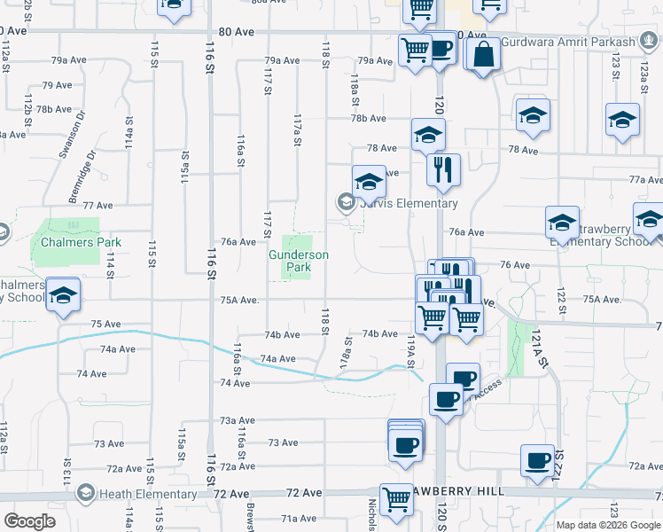 map of restaurants, bars, coffee shops, grocery stores, and more near 7594 118 Street in Delta