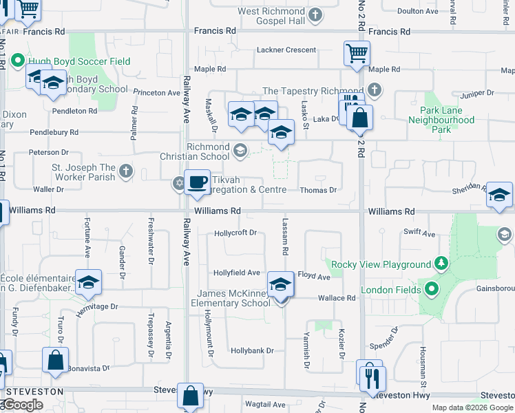 map of restaurants, bars, coffee shops, grocery stores, and more near 9851 Haddon Drive in Richmond