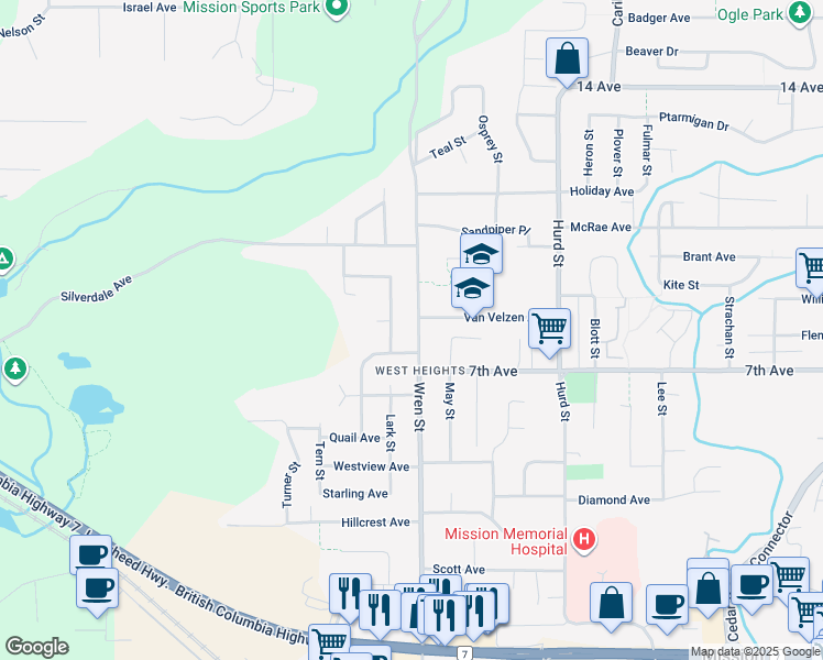 map of restaurants, bars, coffee shops, grocery stores, and more near 7659 Wren Street in Mission