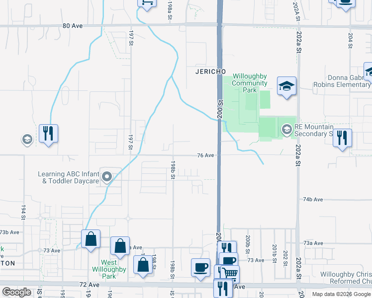 map of restaurants, bars, coffee shops, grocery stores, and more near 19953 76 Avenue in Langley Township