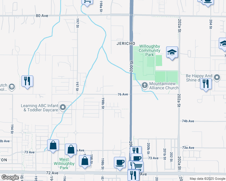 map of restaurants, bars, coffee shops, grocery stores, and more near 19911 76 Avenue in Langley Township