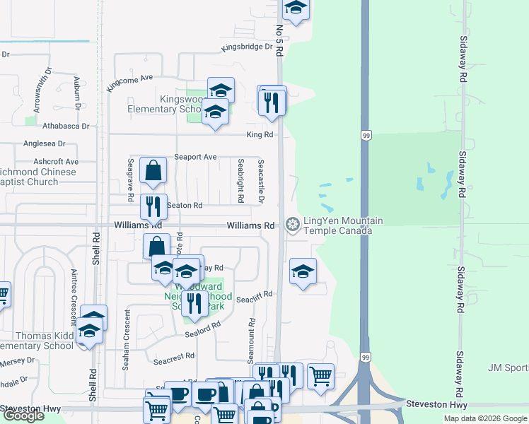 map of restaurants, bars, coffee shops, grocery stores, and more near 11766 Seaton Road in Richmond