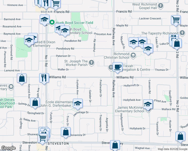 map of restaurants, bars, coffee shops, grocery stores, and more near 4715 Williams Road in Richmond