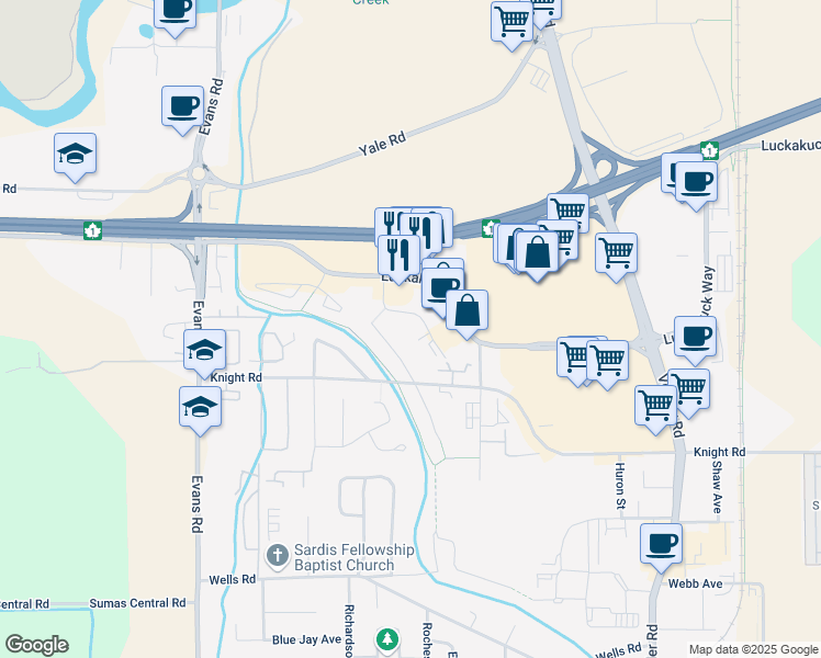 map of restaurants, bars, coffee shops, grocery stores, and more near 7685 Amber Drive in Chilliwack