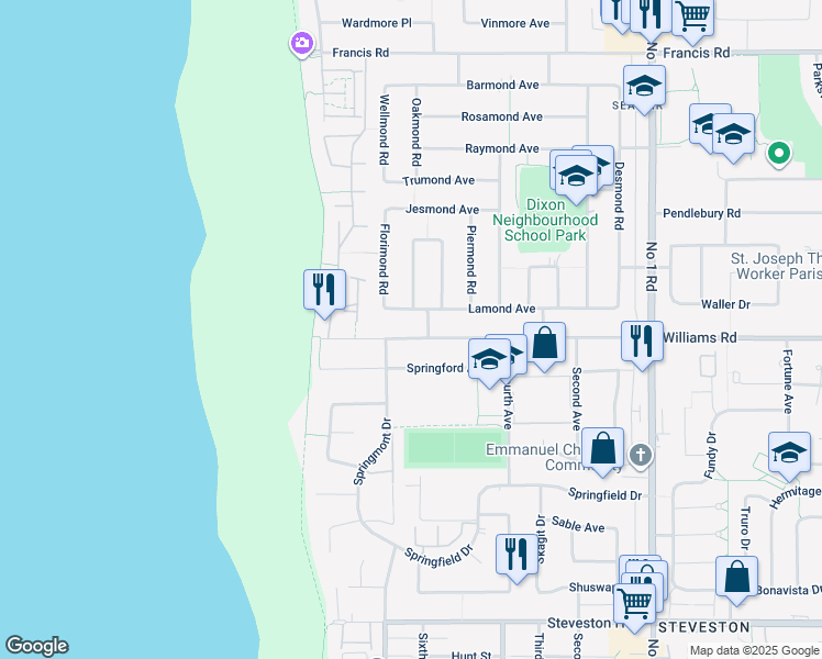map of restaurants, bars, coffee shops, grocery stores, and more near 3331 Williams Road in Richmond