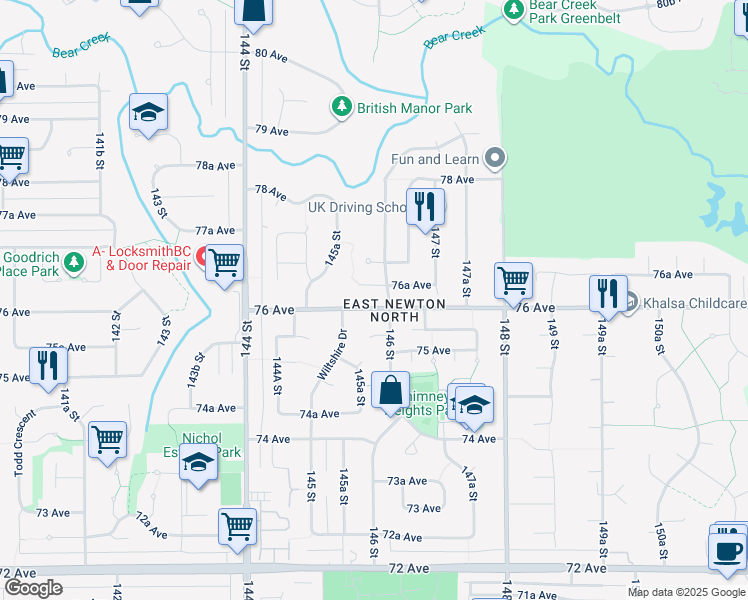 map of restaurants, bars, coffee shops, grocery stores, and more near 14587 76 Avenue in Surrey