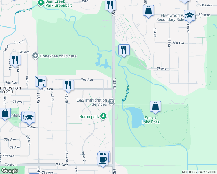 map of restaurants, bars, coffee shops, grocery stores, and more near 15177 76 Avenue in Surrey