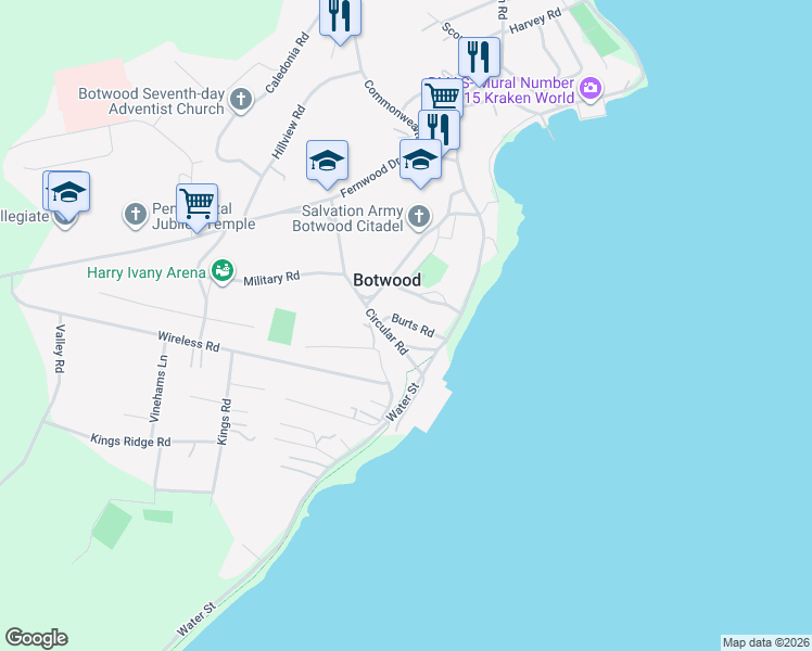 map of restaurants, bars, coffee shops, grocery stores, and more near 5 Burts Road in Botwood