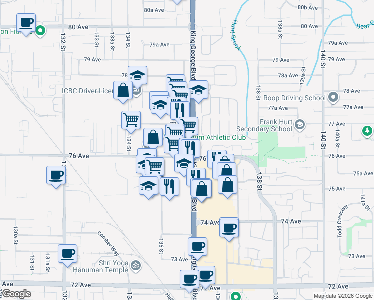 map of restaurants, bars, coffee shops, grocery stores, and more near 7615 King George Boulevard in Surrey
