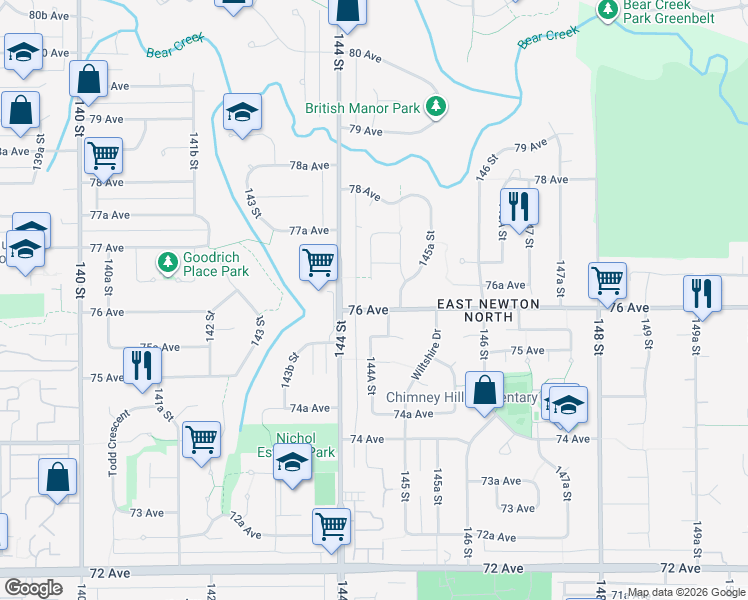 map of restaurants, bars, coffee shops, grocery stores, and more near 14459 76 Avenue in Surrey
