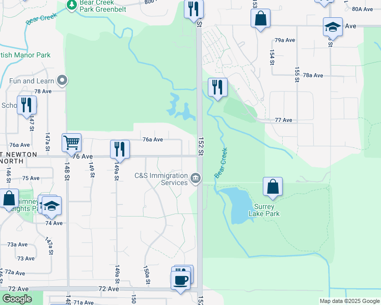 map of restaurants, bars, coffee shops, grocery stores, and more near 15177 76 Avenue in Surrey