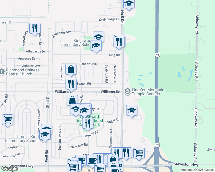 map of restaurants, bars, coffee shops, grocery stores, and more near 11680 Seaton Road in Richmond