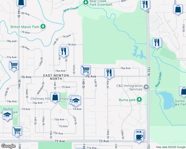 map of restaurants, bars, coffee shops, grocery stores, and more near 14871 76 Avenue in Surrey
