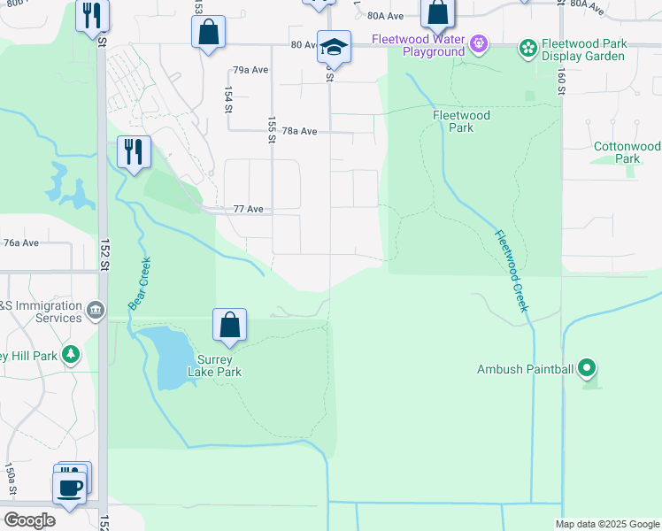 map of restaurants, bars, coffee shops, grocery stores, and more near 7606 156 Street in Surrey