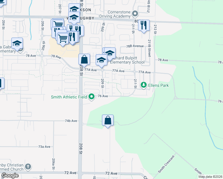 map of restaurants, bars, coffee shops, grocery stores, and more near 20967 76 Avenue in Langley Township