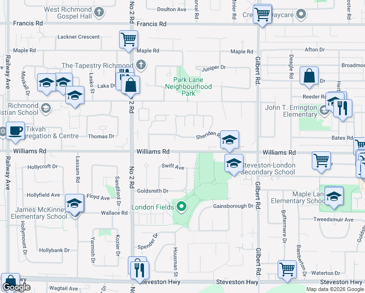 map of restaurants, bars, coffee shops, grocery stores, and more near 6333 Williams Road in Richmond