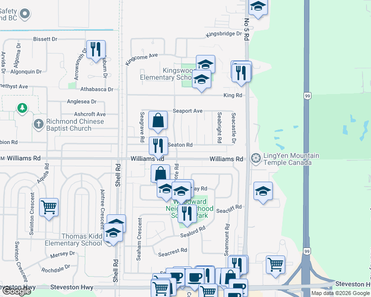 map of restaurants, bars, coffee shops, grocery stores, and more near 11460 Seaton Road in Richmond