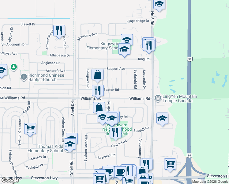 map of restaurants, bars, coffee shops, grocery stores, and more near 11460 Seaton Road in Richmond