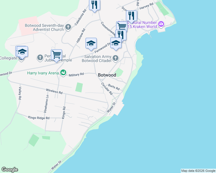 map of restaurants, bars, coffee shops, grocery stores, and more near 5 Burts Road in Botwood