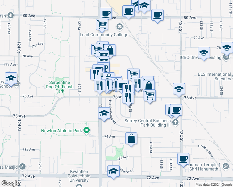 map of restaurants, bars, coffee shops, grocery stores, and more near 12877 76 Avenue in Surrey