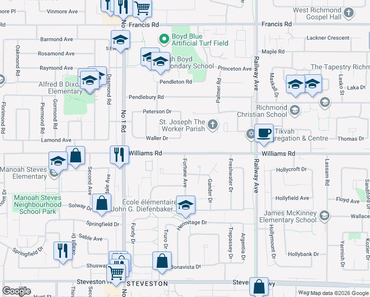 map of restaurants, bars, coffee shops, grocery stores, and more near 4251 Williams Road in Richmond