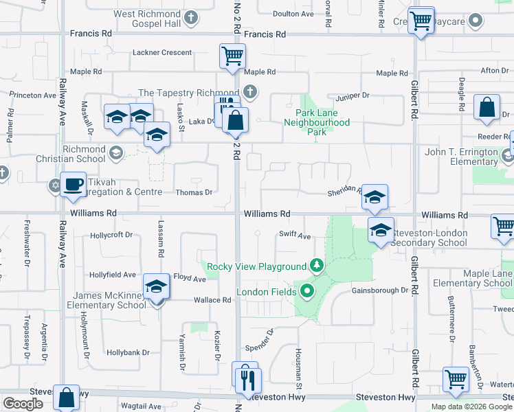 map of restaurants, bars, coffee shops, grocery stores, and more near 6071 Williams Road in Richmond