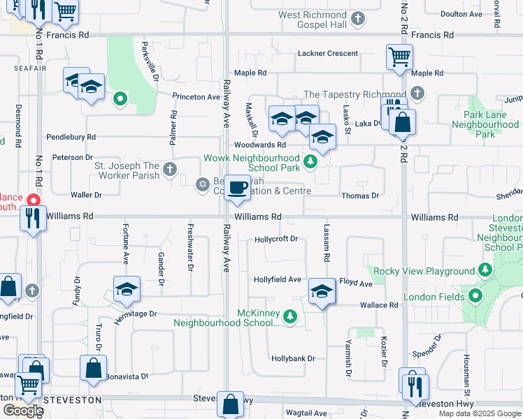 map of restaurants, bars, coffee shops, grocery stores, and more near 5131 Williams Road in Richmond