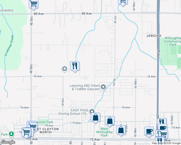 map of restaurants, bars, coffee shops, grocery stores, and more near 19595 76 Avenue in Surrey