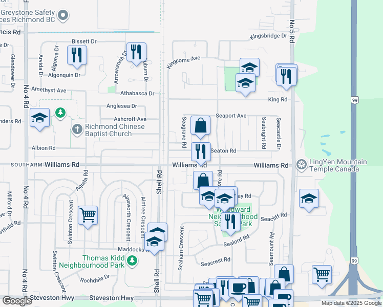 map of restaurants, bars, coffee shops, grocery stores, and more near 11220 Seaton Road in Richmond