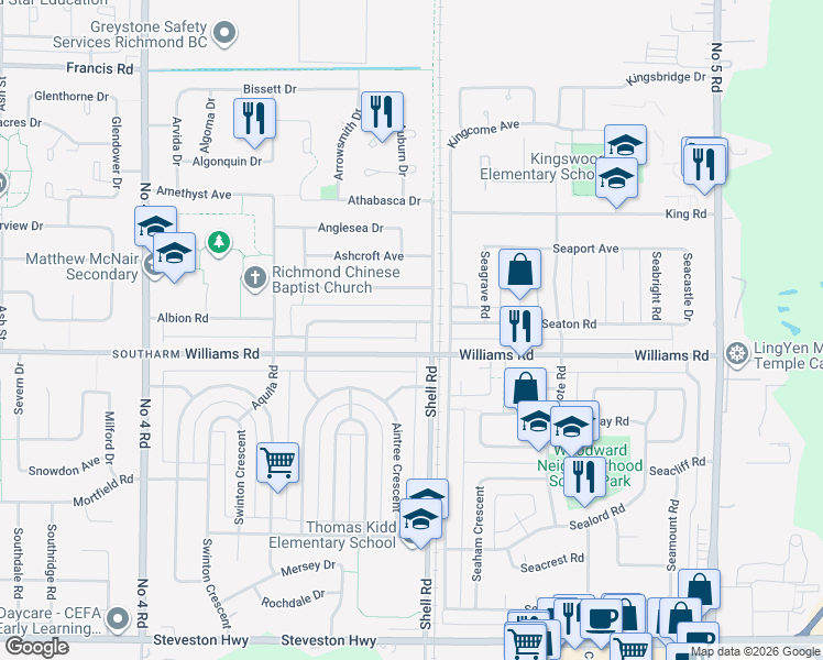 map of restaurants, bars, coffee shops, grocery stores, and more near 10700 Aragon Road in Richmond