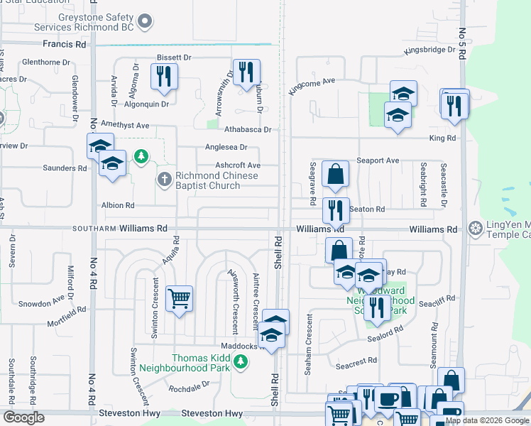 map of restaurants, bars, coffee shops, grocery stores, and more near 10700 Aragon Road in Richmond