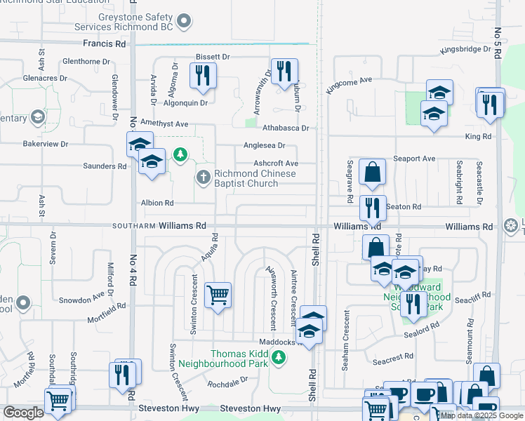 map of restaurants, bars, coffee shops, grocery stores, and more near 10520 Aragon Road in Richmond
