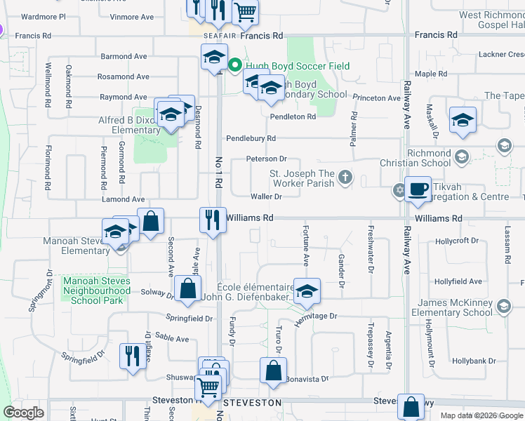 map of restaurants, bars, coffee shops, grocery stores, and more near 4360 Waller Drive in Richmond