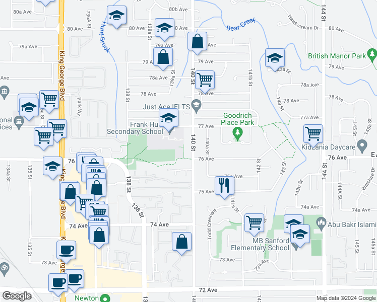 map of restaurants, bars, coffee shops, grocery stores, and more near 7621 140 Street in Surrey