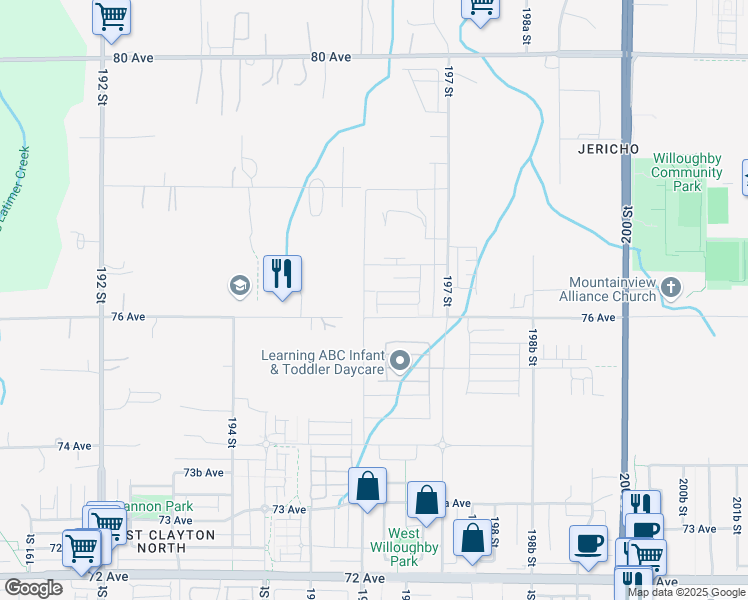 map of restaurants, bars, coffee shops, grocery stores, and more near 7622 196 Street in Surrey