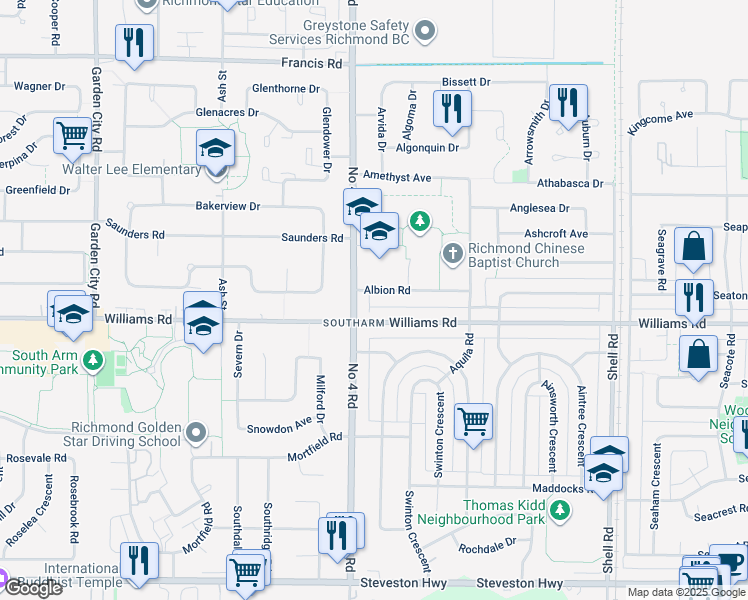 map of restaurants, bars, coffee shops, grocery stores, and more near 10060 Albion Road in Richmond