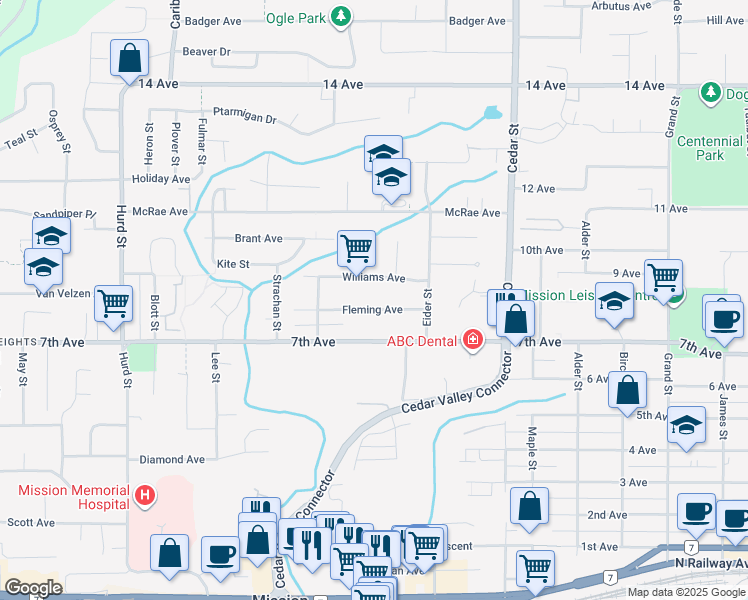 map of restaurants, bars, coffee shops, grocery stores, and more near 32591 Fleming Avenue in Mission