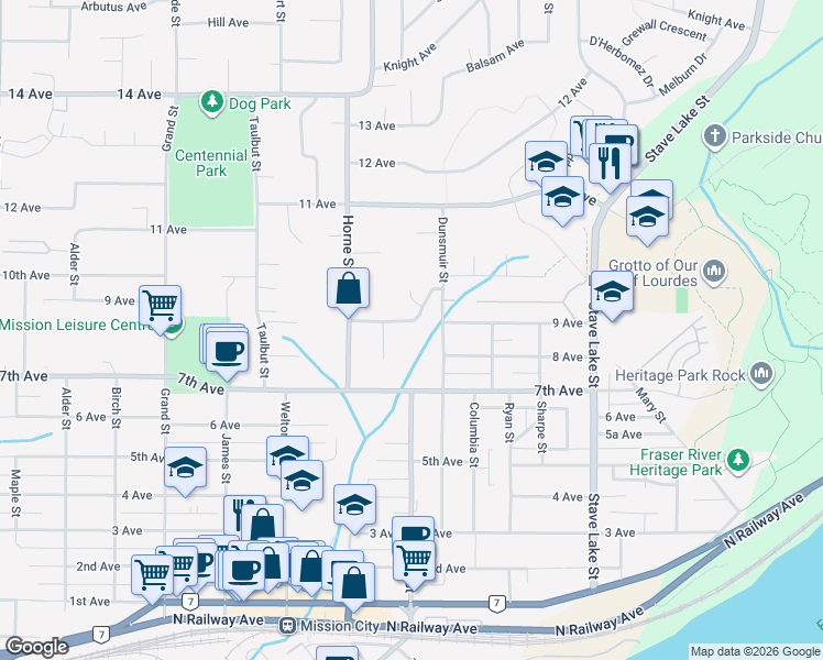 map of restaurants, bars, coffee shops, grocery stores, and more near 33394 Heather Avenue in Mission