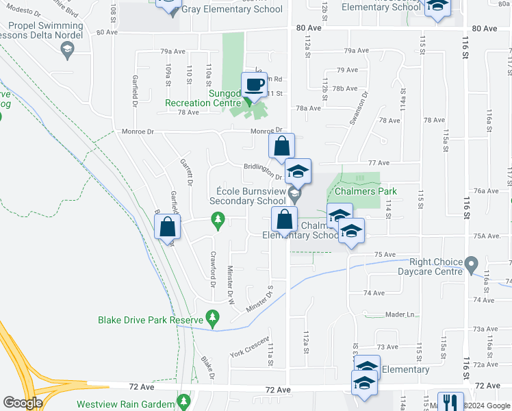 map of restaurants, bars, coffee shops, grocery stores, and more near 11112 Scarborough Drive in Delta