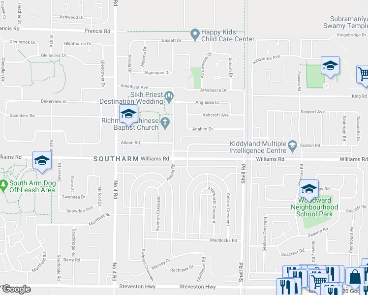 map of restaurants, bars, coffee shops, grocery stores, and more near 10371 Aragon Road in Richmond