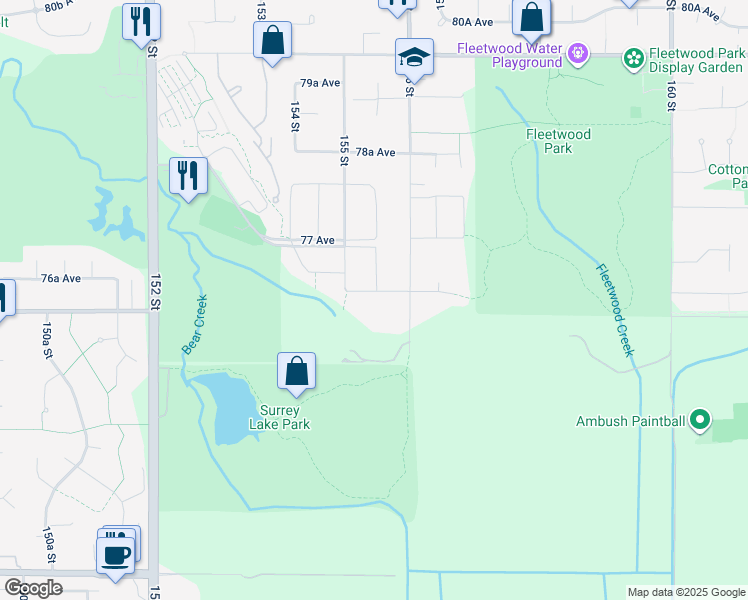 map of restaurants, bars, coffee shops, grocery stores, and more near 15556 76A Avenue in Surrey
