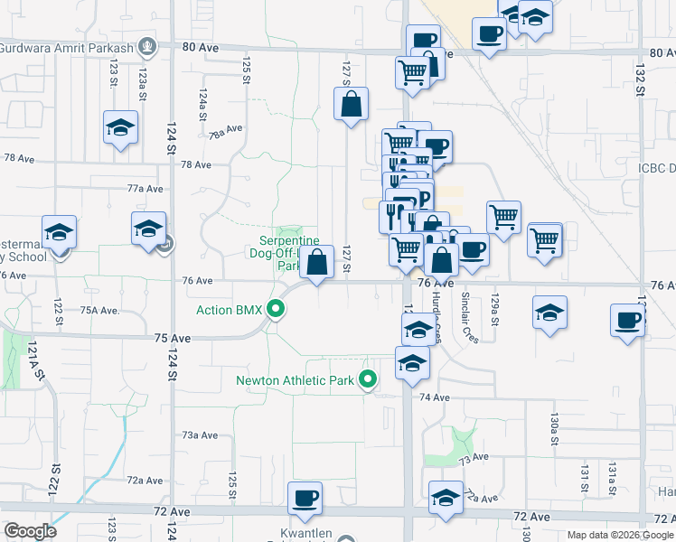 map of restaurants, bars, coffee shops, grocery stores, and more near 7617 127 Street in Surrey