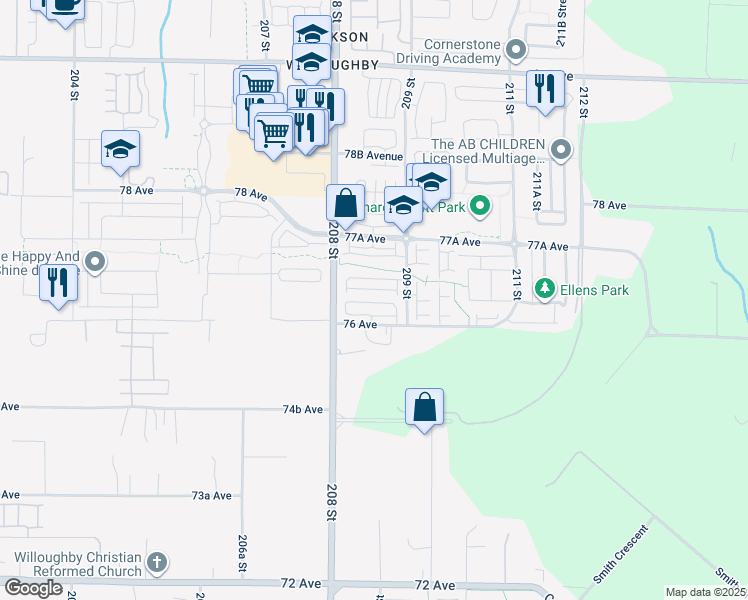 map of restaurants, bars, coffee shops, grocery stores, and more near 20860 76 Avenue in Langley Township