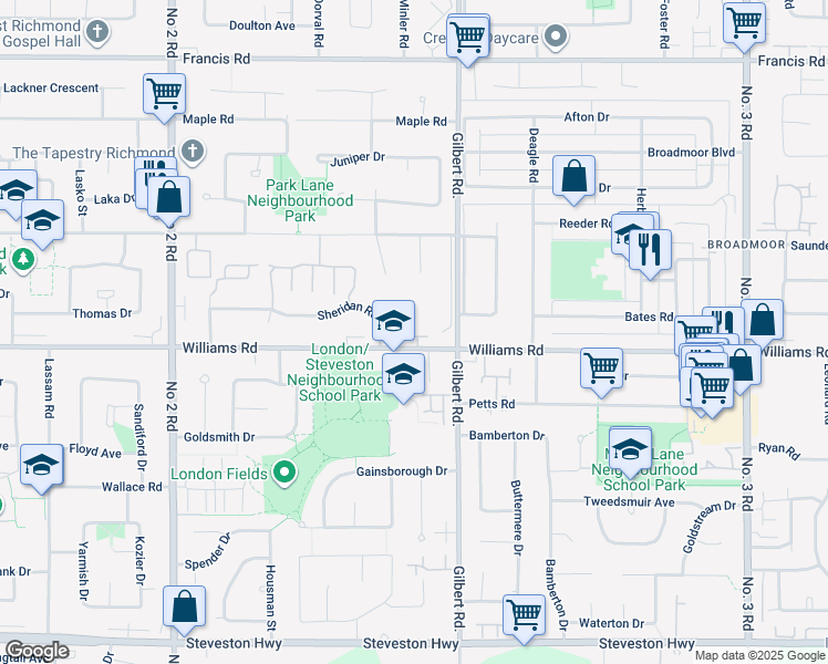 map of restaurants, bars, coffee shops, grocery stores, and more near 6711 Williams Road in Richmond