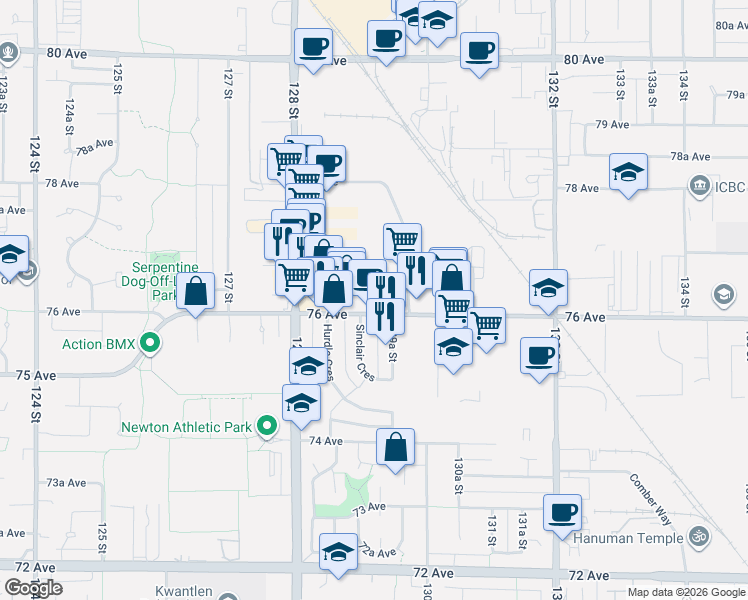 map of restaurants, bars, coffee shops, grocery stores, and more near 12899 76 Avenue in Surrey
