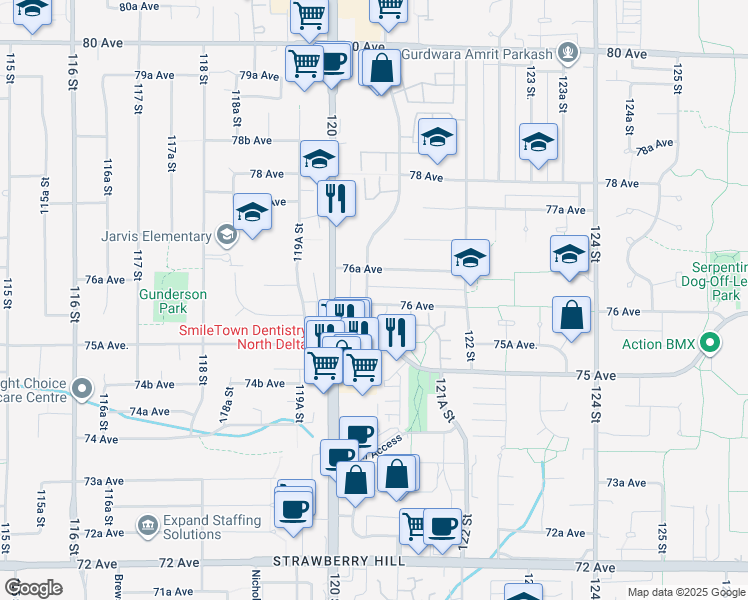 map of restaurants, bars, coffee shops, grocery stores, and more near 7615 120A Street in Surrey