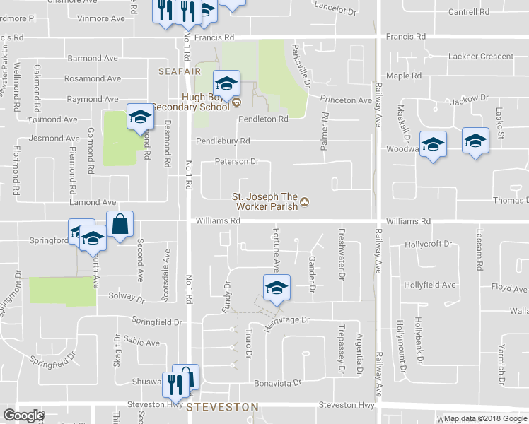 map of restaurants, bars, coffee shops, grocery stores, and more near 4191 Williams Road in Richmond